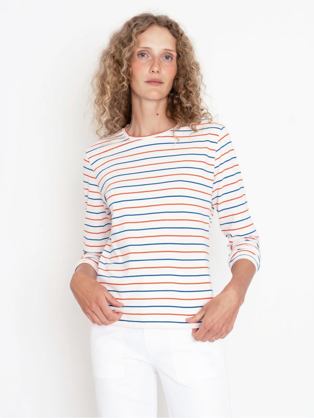 KULE White Long Sleeve Tee with Blue & Orange Stripes